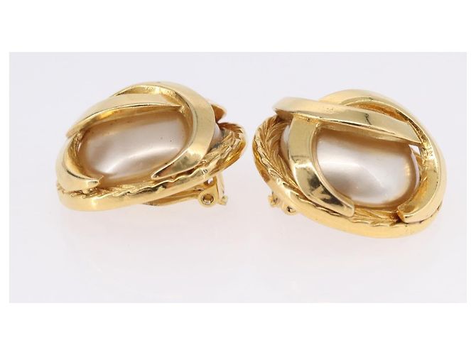 Orecchini perle CHANEL metallo Gold Tone CC Auth 198846 - vista 14