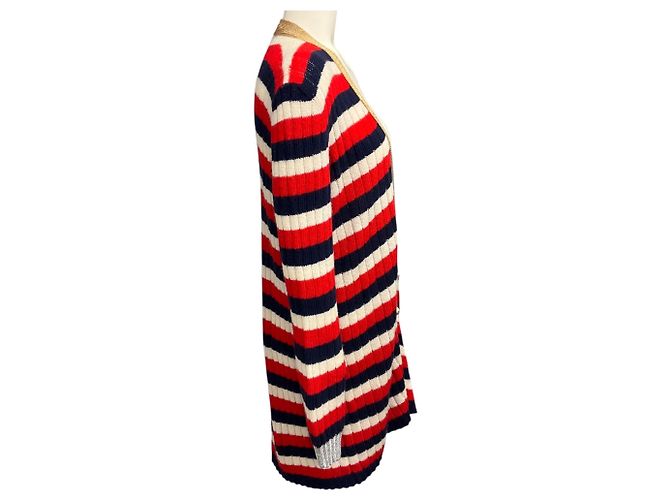 Gucci gestreifter Strick-Cardigan in Rot / Weiß / Blau mit GG-Logo Perlmuttknöpfen Mehrfarben - Ansicht 2