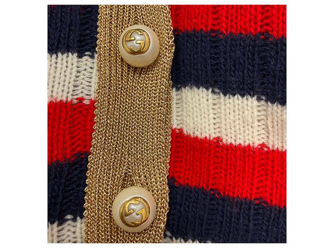 Gucci gestreifter Strick-Cardigan in Rot / Weiß / Blau mit GG-Logo Perlmuttknöpfen Mehrfarben - Ansicht 6