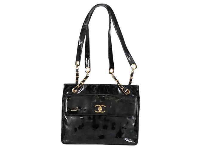 CHANEL Chain Tote Bag Patent leather Black Gold CC - vista 2