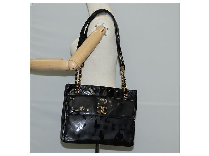CHANEL Chain Tote Bag Patent leather Black Gold CC - vista 27