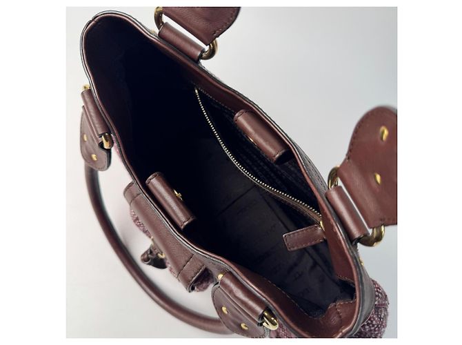 Triomphe Céline Borsa Celine in Tweed x Pelle Marrone Rosa Bordò - vista 7