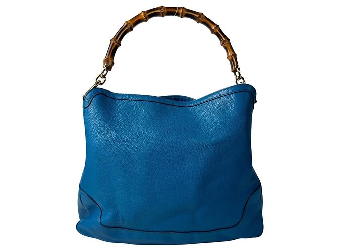 Borsa a tracolla in pelle Gucci Bamboo Diana Blu - vista 2