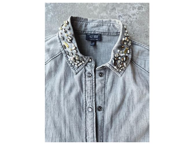 Armani Jeans Camicia in denim grigia adornata con perle e cristalli Grigio - vista 2