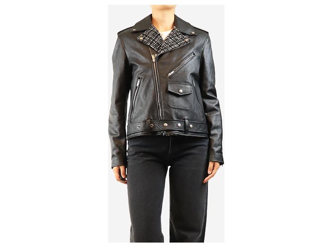 Saint Laurent Giacca biker in pelle nera e tweed - size UK 12 Nero - vista 3