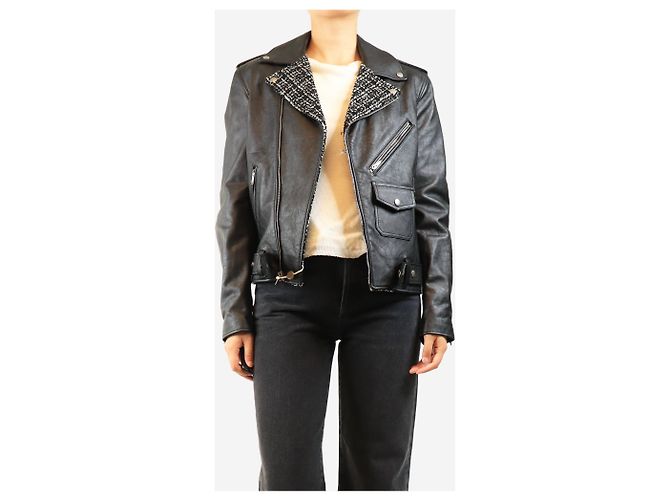 Saint Laurent Giacca biker in pelle nera e tweed - size UK 12 Nero - vista 4