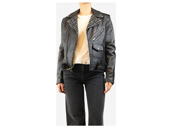 Saint Laurent Giacca biker in pelle nera e tweed - size UK 12 Nero - vista 5