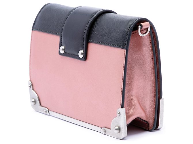 Borsa a tracolla Prada Cahier in vitello metallizzato con rifiniture in Saffiano rosa - vista 2
