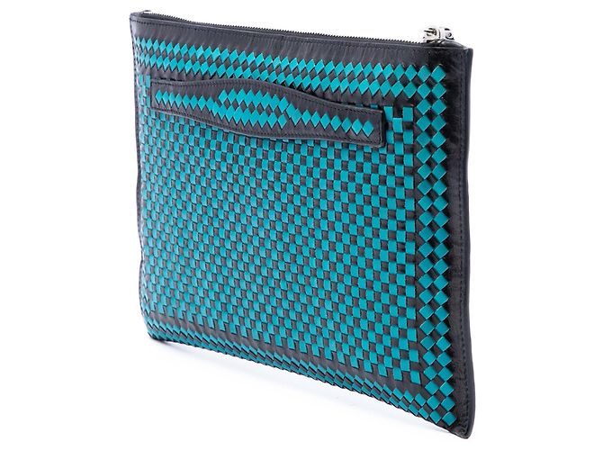 Clutch con zip Prada in pelle di capra intrecciata Madras blu - vue 2