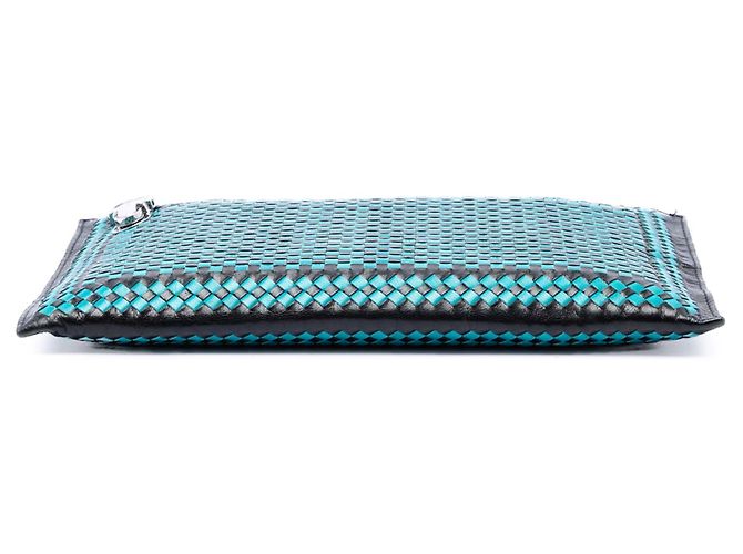 Clutch con zip Prada in pelle di capra intrecciata Madras blu - vue 3
