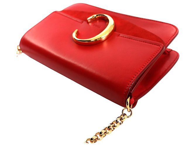 Chloé Mini Borsa a Tracolla C Chain in Vitello e Camoscio Rossa Rosso - vista 12