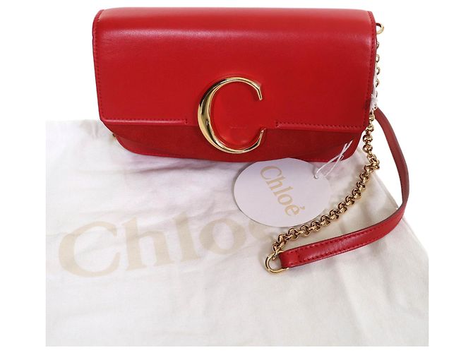 Chloé Mini Borsa a Tracolla C Chain in Vitello e Camoscio Rossa Rosso - vista 17