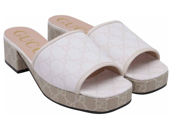 Mules con platform Malaga Gucci GG Supreme Monogram in tela bianca Bianco - vista 3