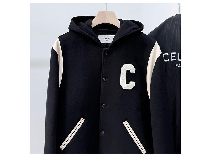 Céline Giacca Varsity con Cappuccio in Lana e Cashmere Teddy Nero - vista 2