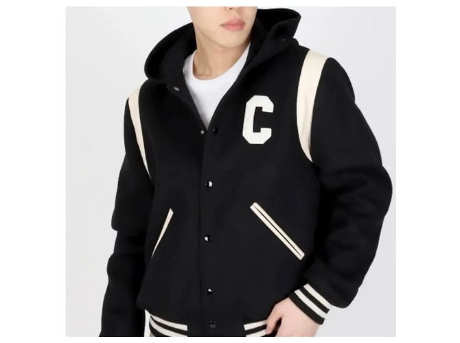 Céline Giacca Varsity con Cappuccio in Lana e Cashmere Teddy Nero - vista 7