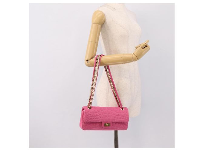 Borsa a tracolla con catena CHANEL 2.55 in jersey di cotone Pink Gold CC Auth 198733M Rosa D'oro - vista 29
