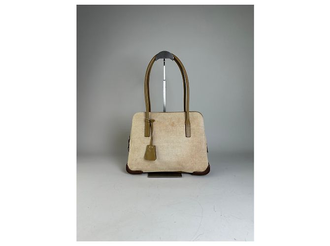 Vintage Prada Canvas Leder-Trim Tote Beige Braun - Ansicht 12