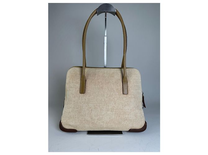 Vintage Prada Canvas Leder-Trim Tote Beige Braun - Ansicht 2