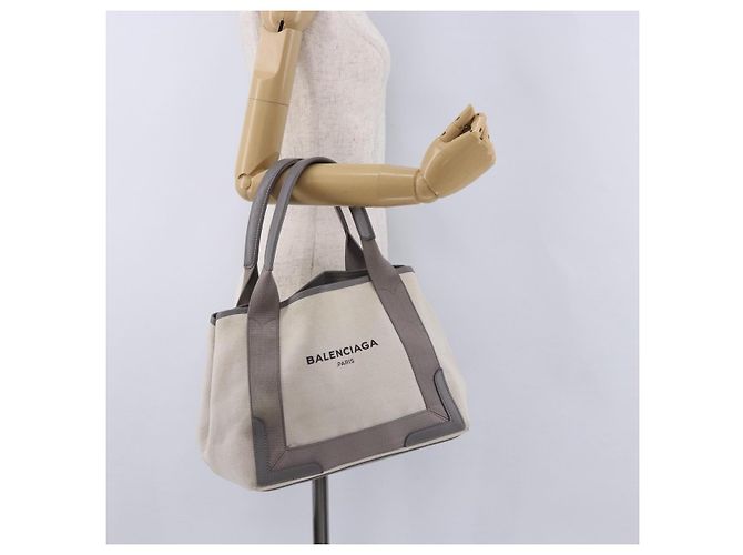 Bolsa de mão BALENCIAGA Navy Cabas XS Canvas White Silver 339933 Auth 196624 Prata Branco - vista 23