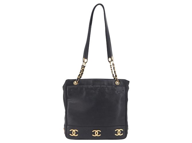 CHANEL Triple Coco Chain Schultertasche aus Leder Schwarz Gold CC Auth 198357 - Ansicht 13