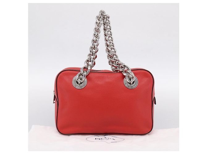Borsa a mano con catena PRADA in pelle rossa argento Auth 198640V Rosso - vista 12