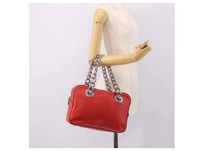 Borsa a mano con catena PRADA in pelle rossa argento Auth 198640V Rosso - vista 25