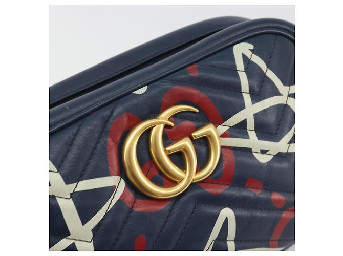 Borsa a tracolla GUCCI GG Marmont in pelle Navy Gold 447632 Auth ka5749A - vista 17