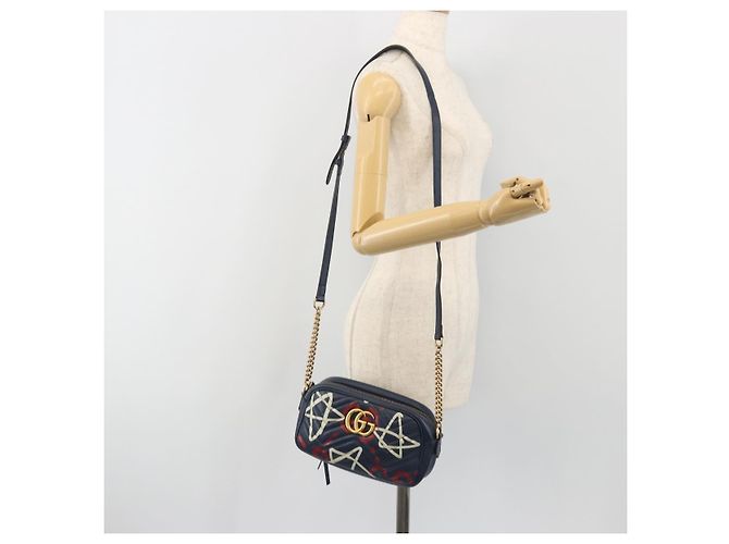 Borsa a tracolla GUCCI GG Marmont in pelle Navy Gold 447632 Auth ka5749A - vista 22