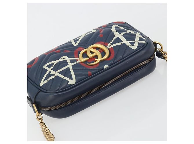 Borsa a tracolla GUCCI GG Marmont in pelle Navy Gold 447632 Auth ka5749A - vista 6