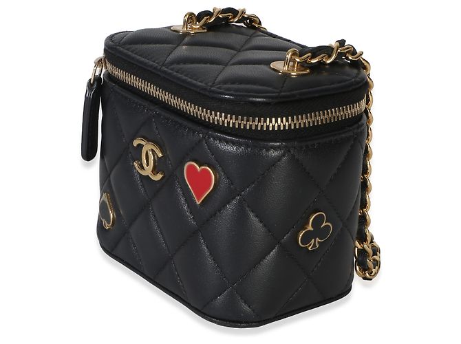 Chanel Coco Casino Mini Vanity Case aus schwarzem gestepptem Lammleder mit Kette - Ansicht 3