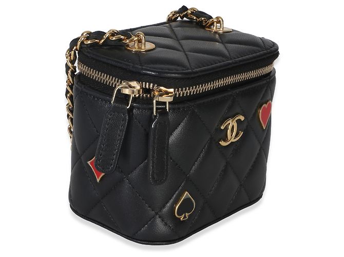 Chanel Coco Casino Mini Vanity Case aus schwarzem gestepptem Lammleder mit Kette - Ansicht 4