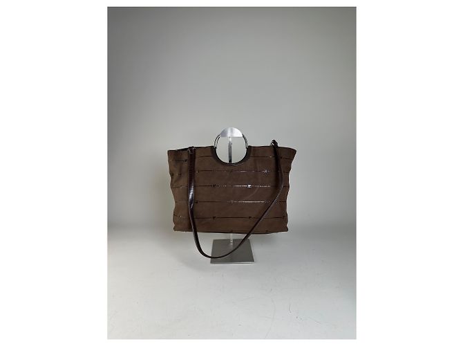 Tote Vintage Courreges in pelle scamosciata e rifiniture Marrone Argento - vista 13