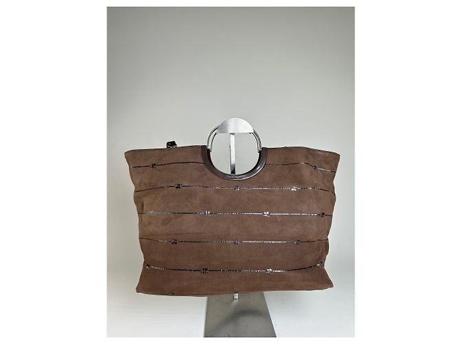 Tote Vintage Courreges in pelle scamosciata e rifiniture Marrone Argento - vista 14