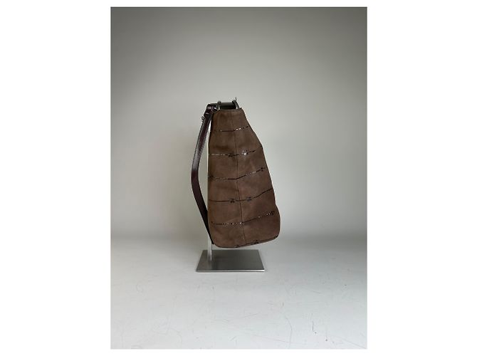 Tote Vintage Courreges in pelle scamosciata e rifiniture Marrone Argento - vista 6