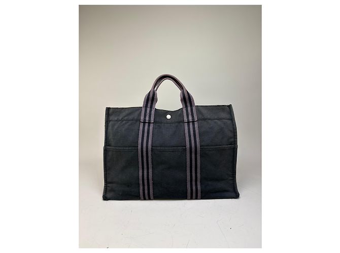 Hermès Vintage Hermes Canvas Tote Bag Schwarz Grau - Ansicht 13