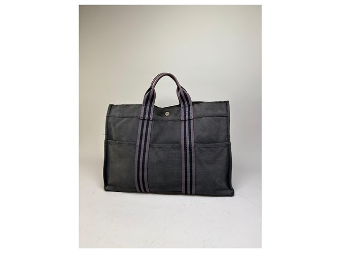 Hermès Vintage Hermes Canvas Tote Bag Schwarz Grau - Ansicht 14