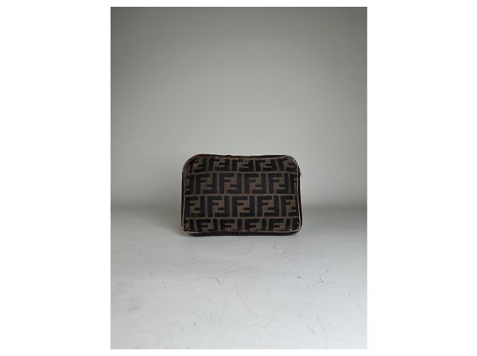 Pouch Vintage Fendi FF Monogram Canvas Beige Nero - vista 11