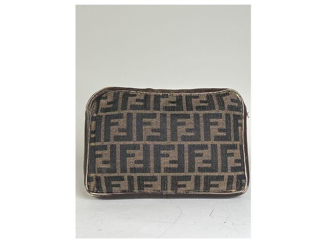 Pouch Vintage Fendi FF Monogram Canvas Beige Nero - vista 2