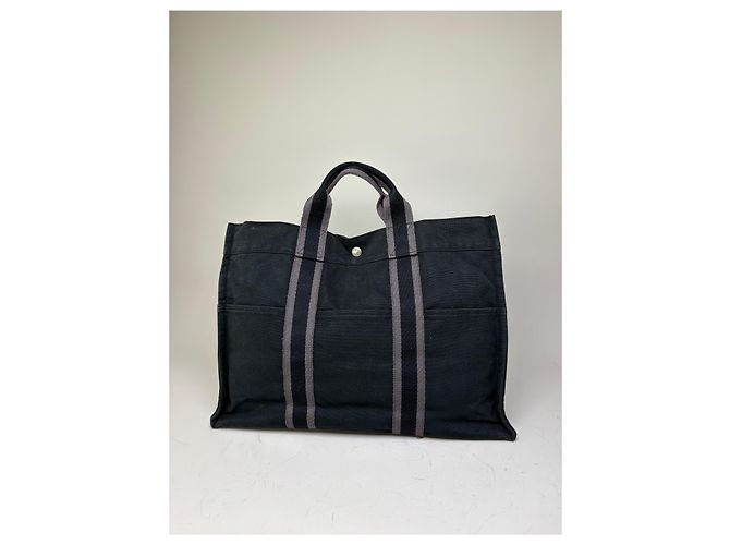 Hermès Vintage Hermes Canvas Tote Schwarz Grau Silber - Ansicht 2