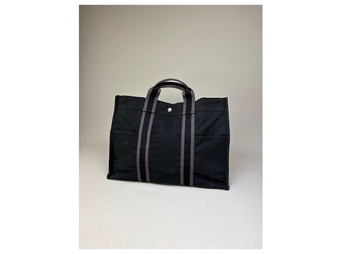 Hermès Vintage Hermes Canvas Tote Schwarz Grau Silber - Ansicht 6
