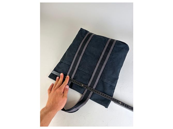 Hermès Vintage Hermes Cabas Tragetasack Dunkelblau Grau Gestreift aus Baumwolle Marineblau - Ansicht 10