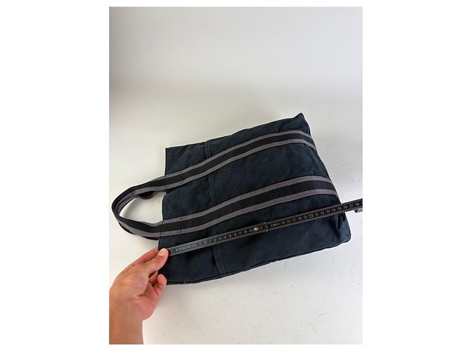 Hermès Vintage Hermes Cabas Tragetasack Dunkelblau Grau Gestreift aus Baumwolle Marineblau - Ansicht 11