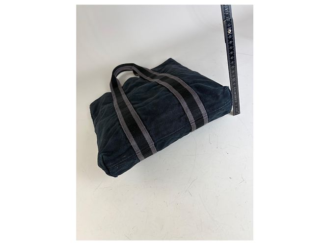 Hermès Vintage Hermes Cabas Tragetasack Dunkelblau Grau Gestreift aus Baumwolle Marineblau - Ansicht 12