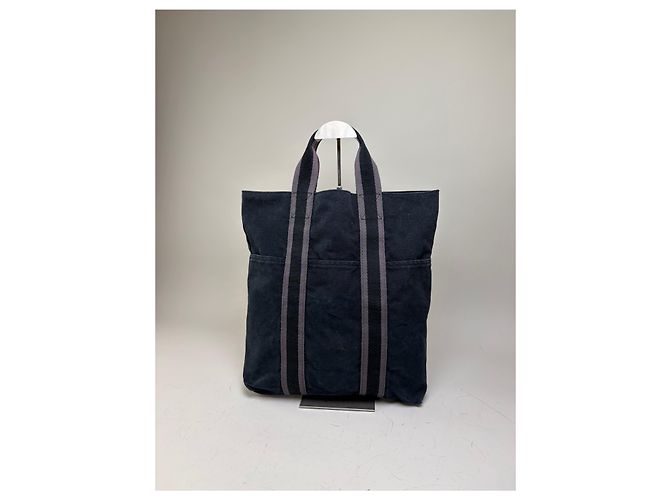 Hermès Vintage Hermes Cabas Tragetasack Dunkelblau Grau Gestreift aus Baumwolle Marineblau - Ansicht 13