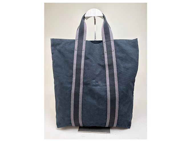 Hermès Vintage Hermes Cabas Tragetasack Dunkelblau Grau Gestreift aus Baumwolle Marineblau - Ansicht 2