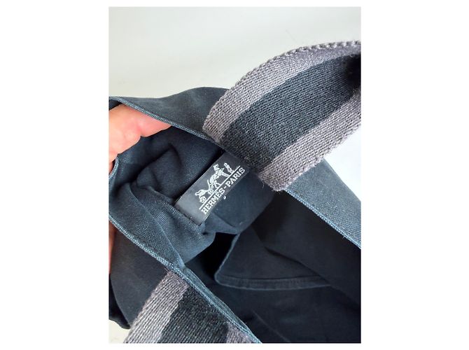 Hermès Vintage Hermes Cabas Tragetasack Dunkelblau Grau Gestreift aus Baumwolle Marineblau - Ansicht 4