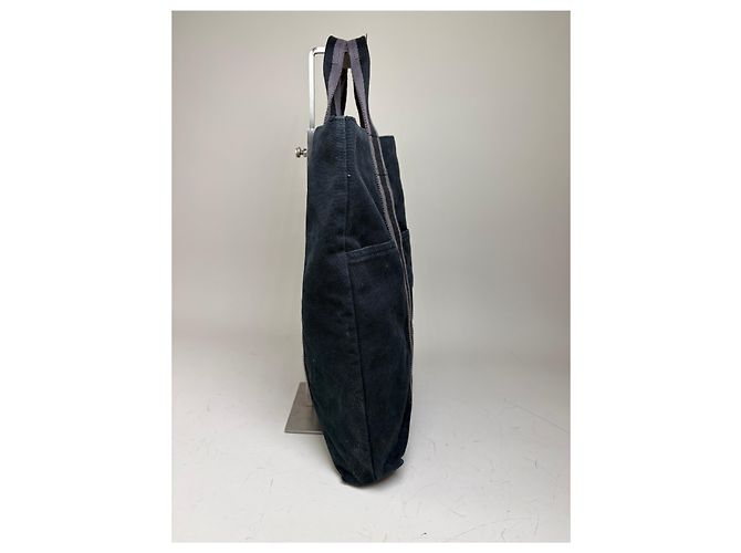 Hermès Vintage Hermes Cabas Tragetasack Dunkelblau Grau Gestreift aus Baumwolle Marineblau - Ansicht 6