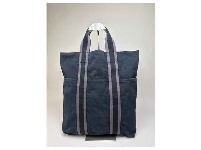 Hermès Vintage Hermes Cabas Tragetasack Dunkelblau Grau Gestreift aus Baumwolle Marineblau - Ansicht 7