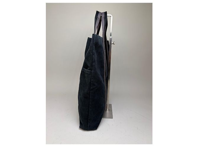 Hermès Vintage Hermes Cabas Tragetasack Dunkelblau Grau Gestreift aus Baumwolle Marineblau - Ansicht 8