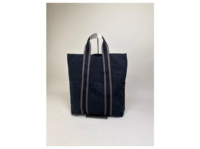 Hermès Vintage Hermes Cabas Tragetasack Dunkelblau Grau Gestreift aus Baumwolle Marineblau - Ansicht 9